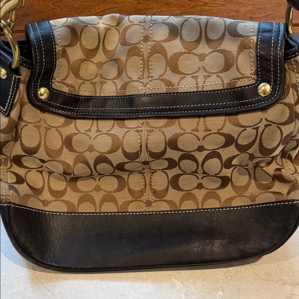 Coach Brown Signature Canvas Shoulder Bag with Black Trim - Picture 4 of 15